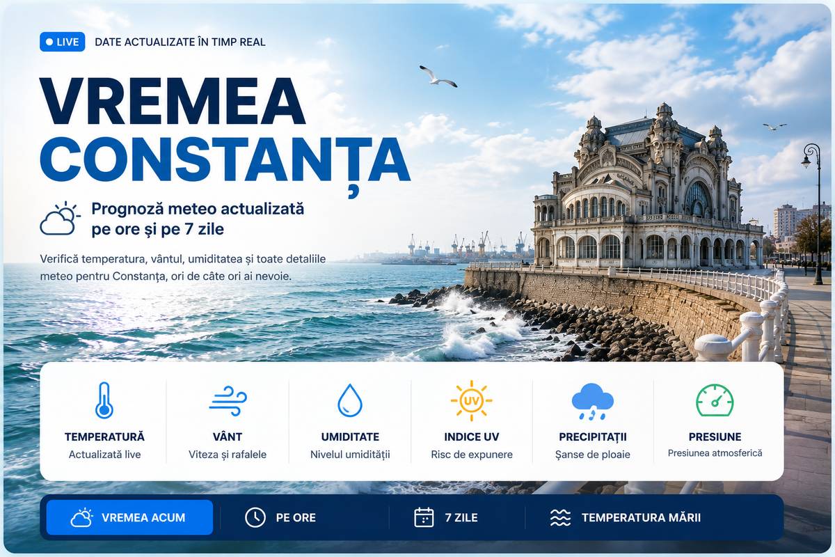Vremea Constanta cu prognoza meteo actualizata, temperatura, vant, umiditate si prognoza pe ore si pe 7 zile.